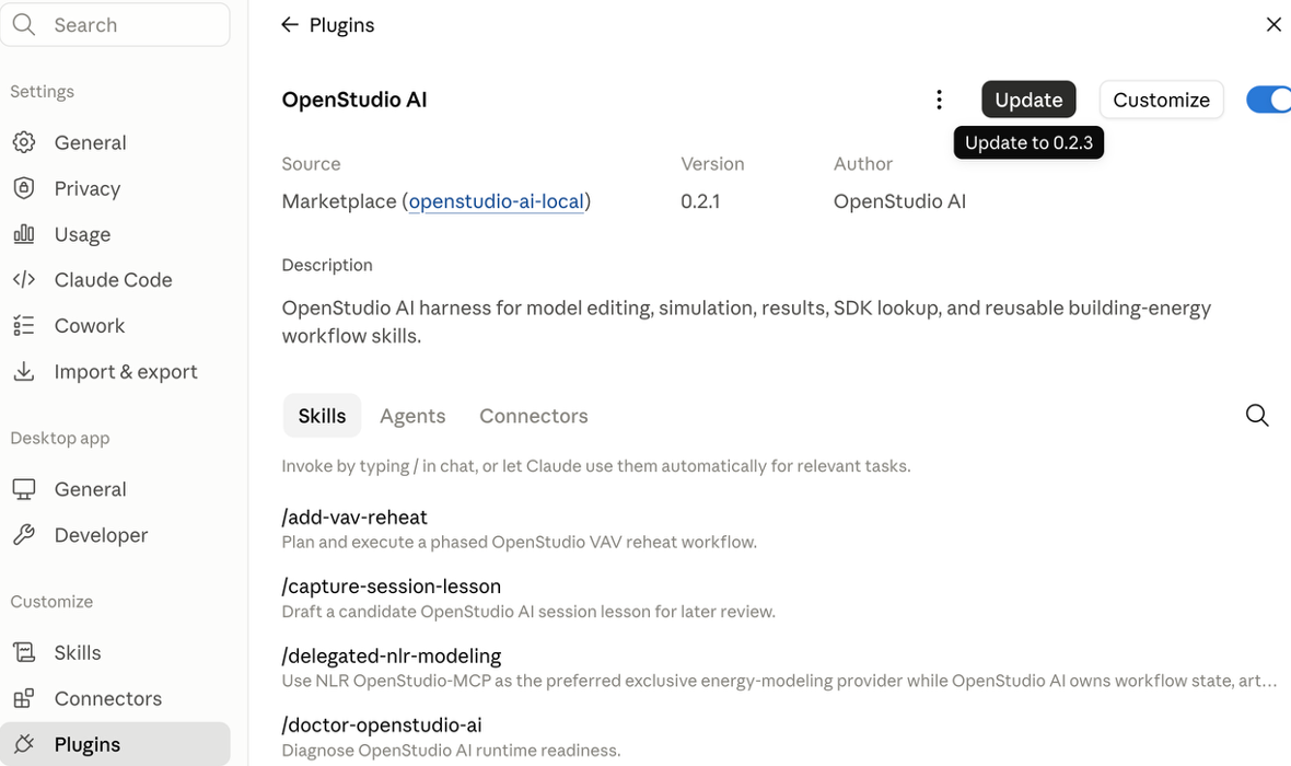 Claude Code OpenStudio AI plugin page with the Update button available
