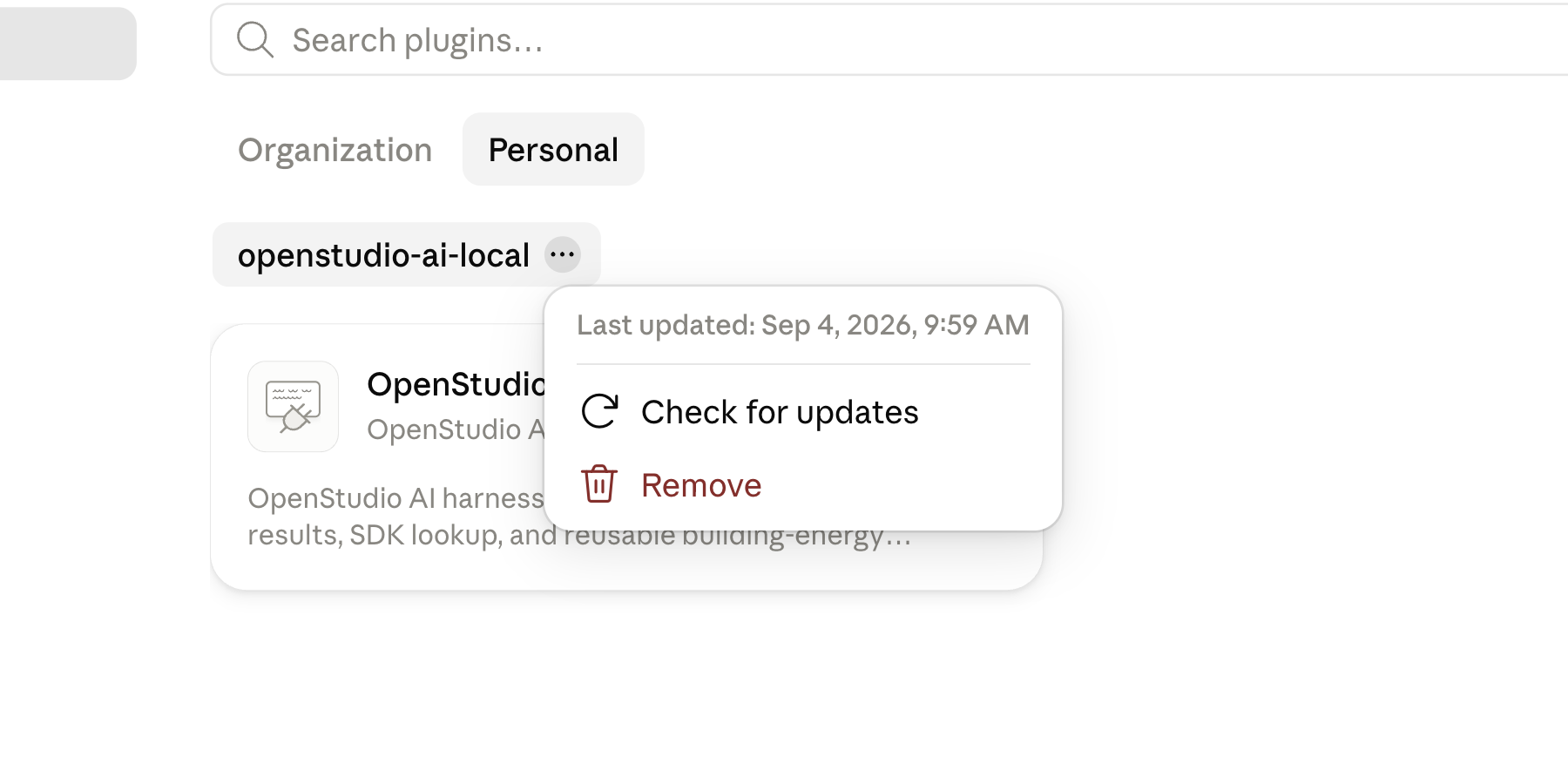 Claude Code Personal marketplace with the openstudio-ai-local menu and Check for updates option