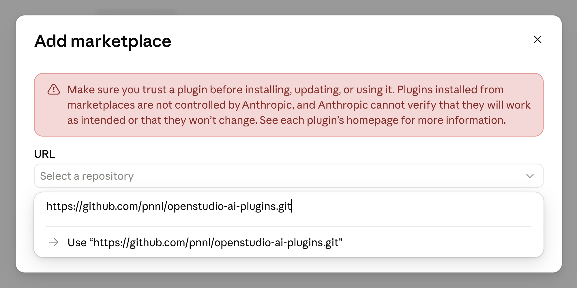 Claude Code Add marketplace dialog with the OpenStudio AI Plugins GitHub URL entered