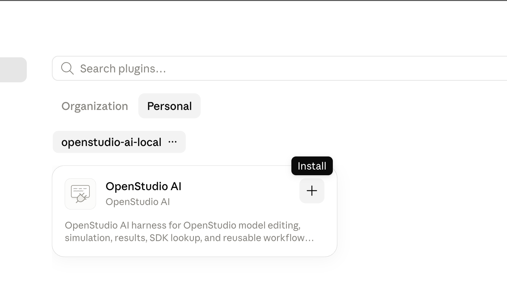 Claude Code plugin directory showing the OpenStudio AI install button