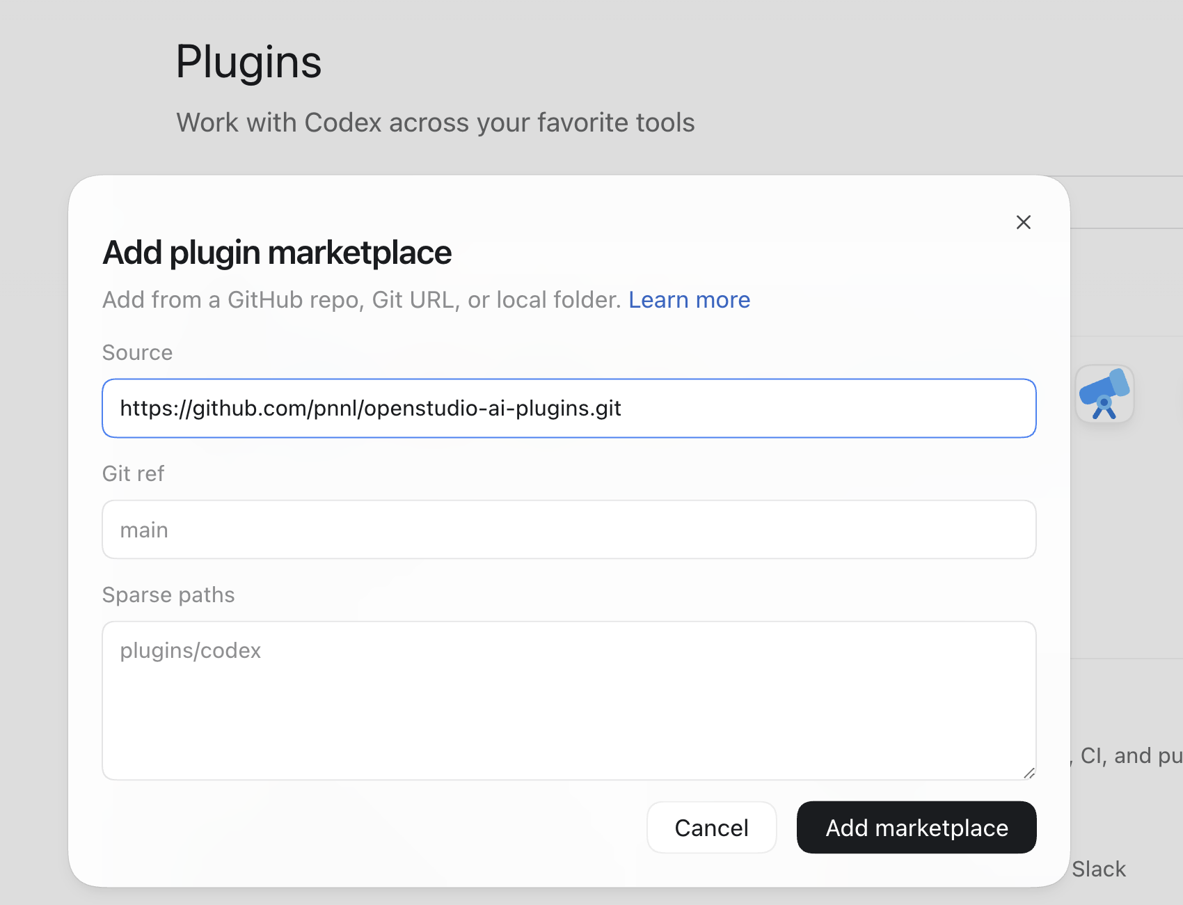 Codex Add plugin marketplace dialog with the OpenStudio AI Plugins GitHub URL entered