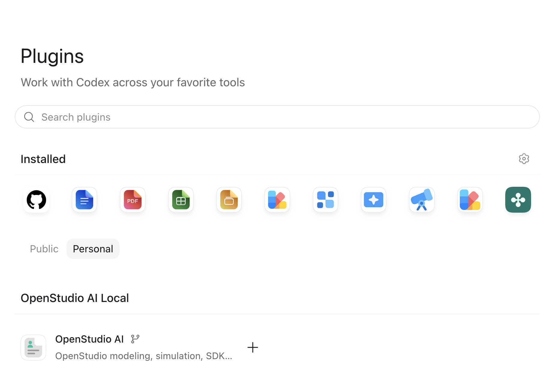 Codex Plugins page showing OpenStudio AI Local and the OpenStudio AI install button