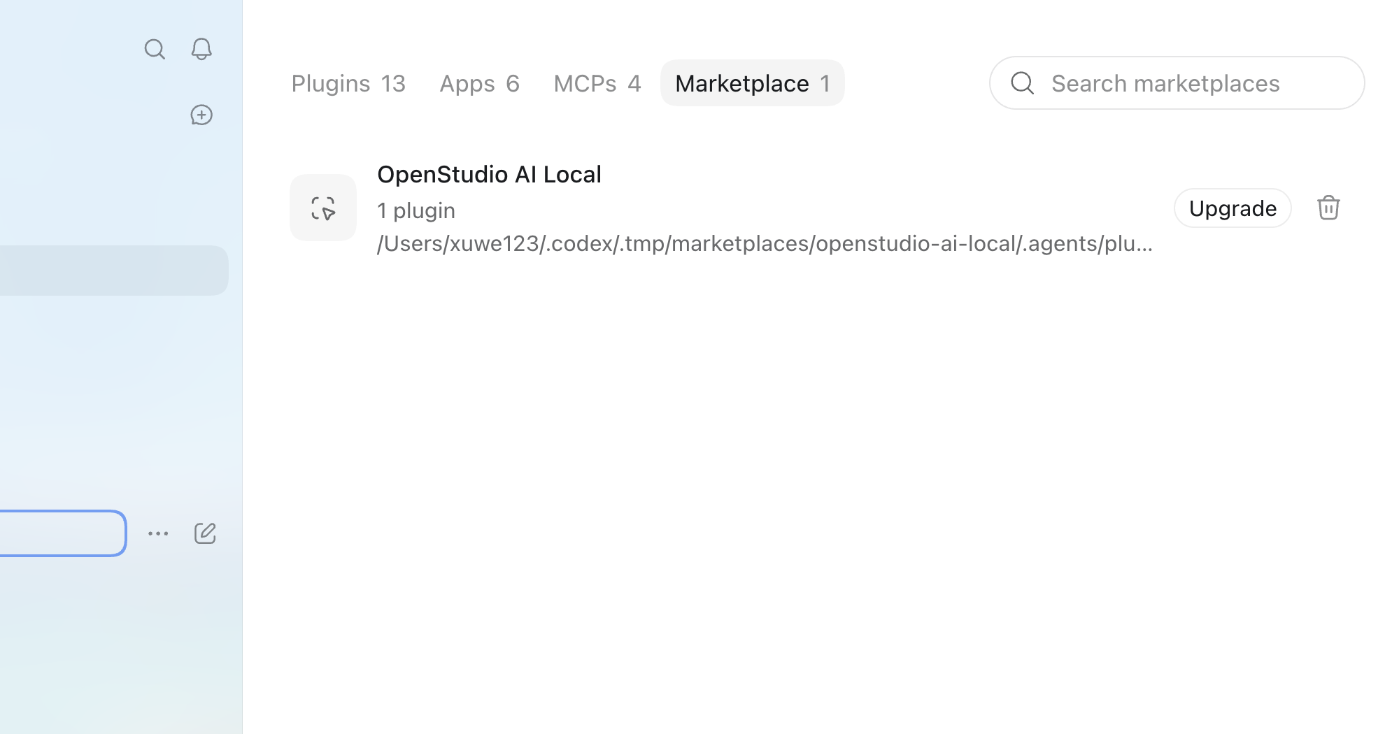 Codex Marketplace tab showing OpenStudio AI Local and the Upgrade button