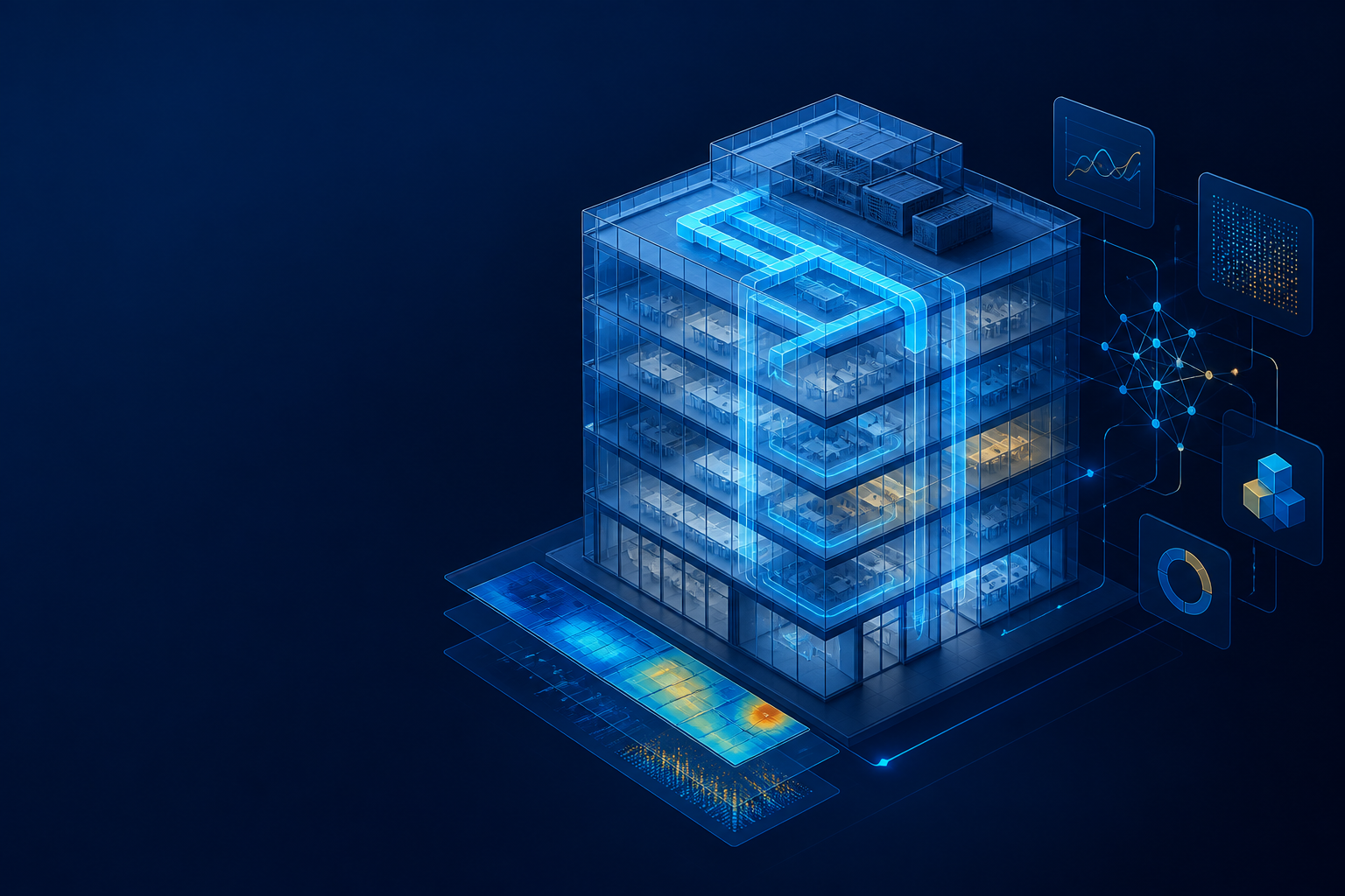 A translucent building energy model with highlighted HVAC paths and simulation data